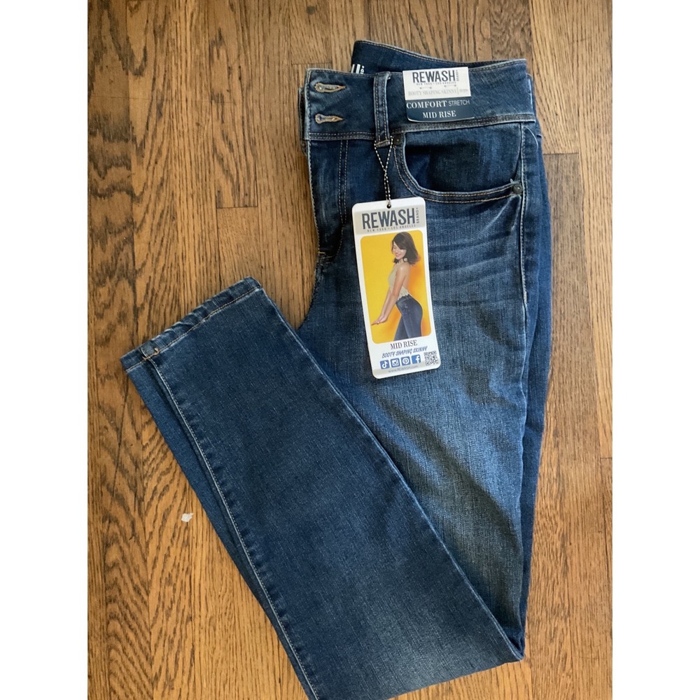 Rewash Brand Womens Mid Rise Booty Shaping Skinny Jeans Dark Wash Stretch Denim